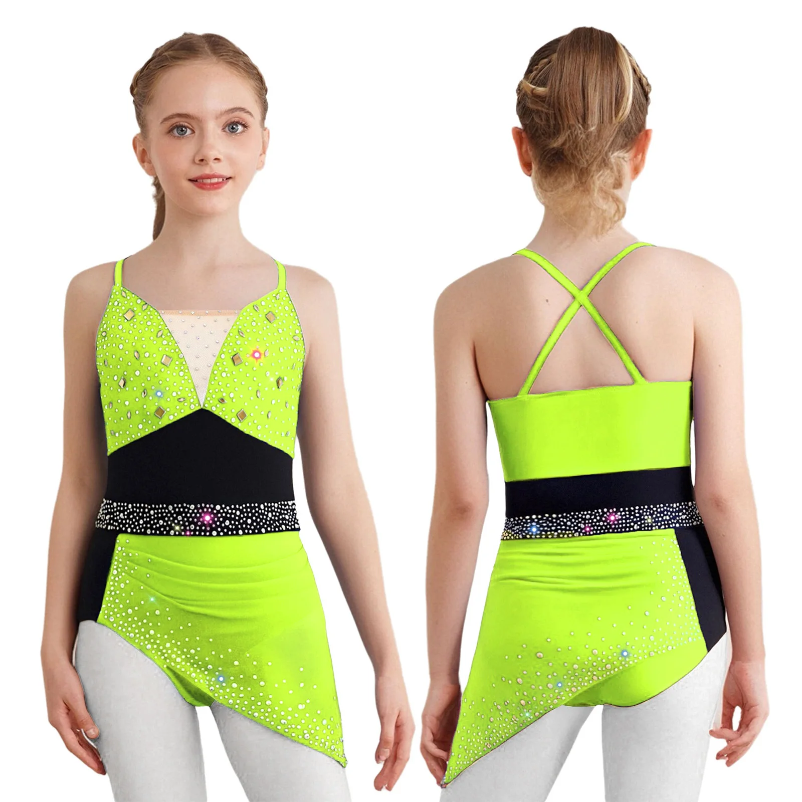 

Kids Girls Lyrical Sequins Ballet Gymnastics Dance Performance Leotards Dress Rhinestone Waltz Ballroom Ballet Dance Dress