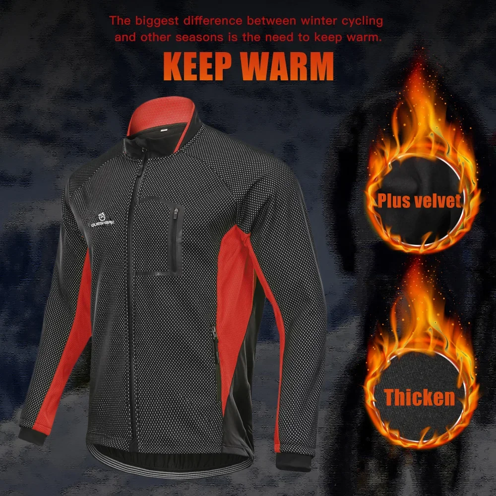 QUESHARK Men Fleece Thermal Winter Long Sleeve Cycling Jacket Windproof Waterproof MTB Road Bike Windbreaker Bicycle Jersey