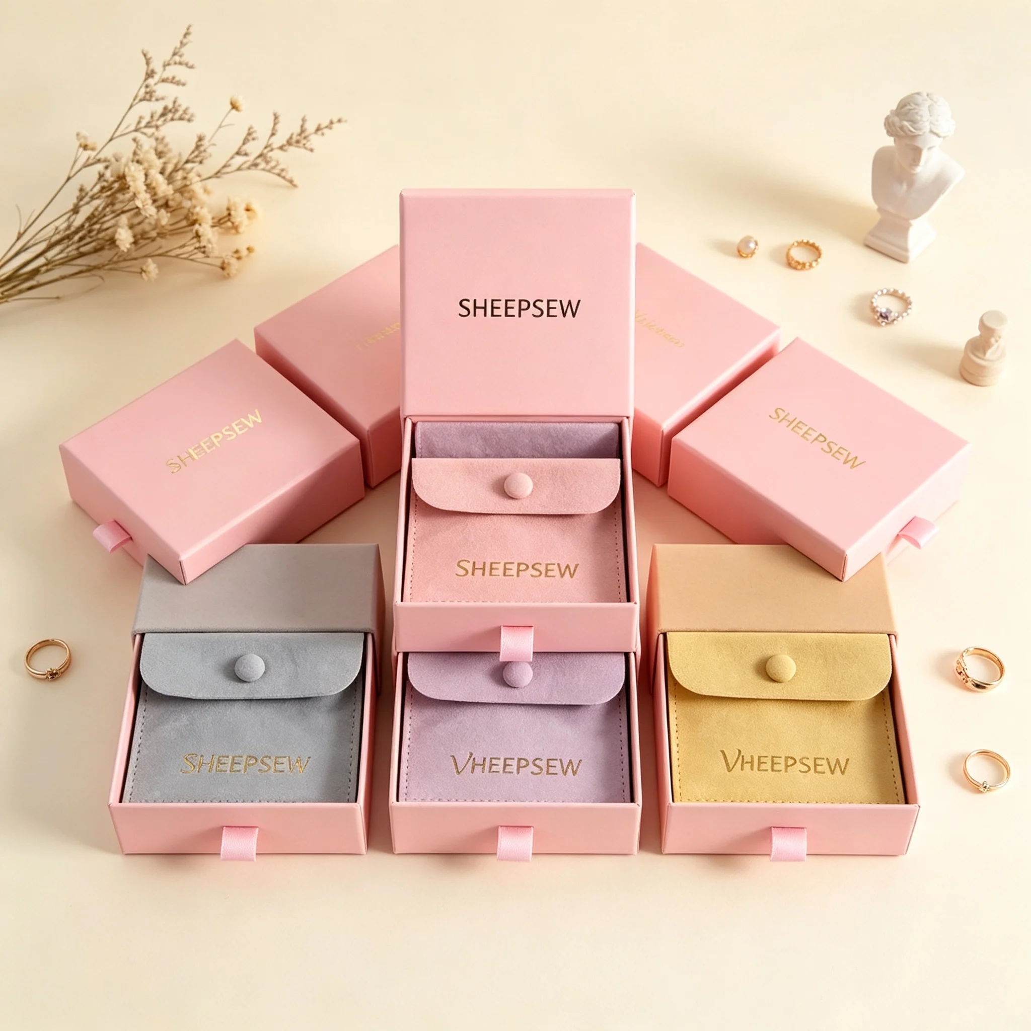 SHEEPSEW Custom Sliding Drawer Jewelry Box 9x9x3.2cm, 8x8cm Microfiber Envelope Snap Pouch for Necklace Earring Wedding Gift Pac