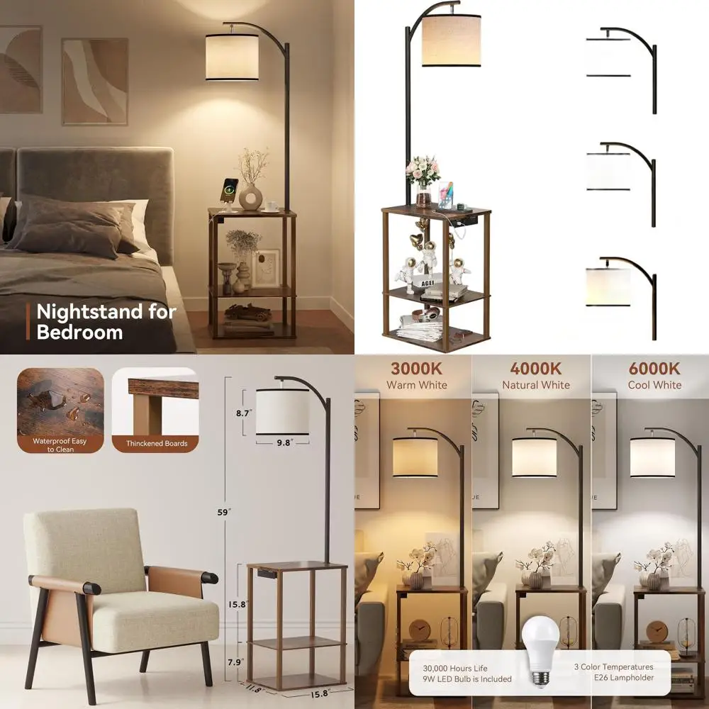 

Floor Lamp with Table, End Table for Living Room with Lamp, Shelves Side Table with Charging Station(USB & AC Port), 3 Color Tem