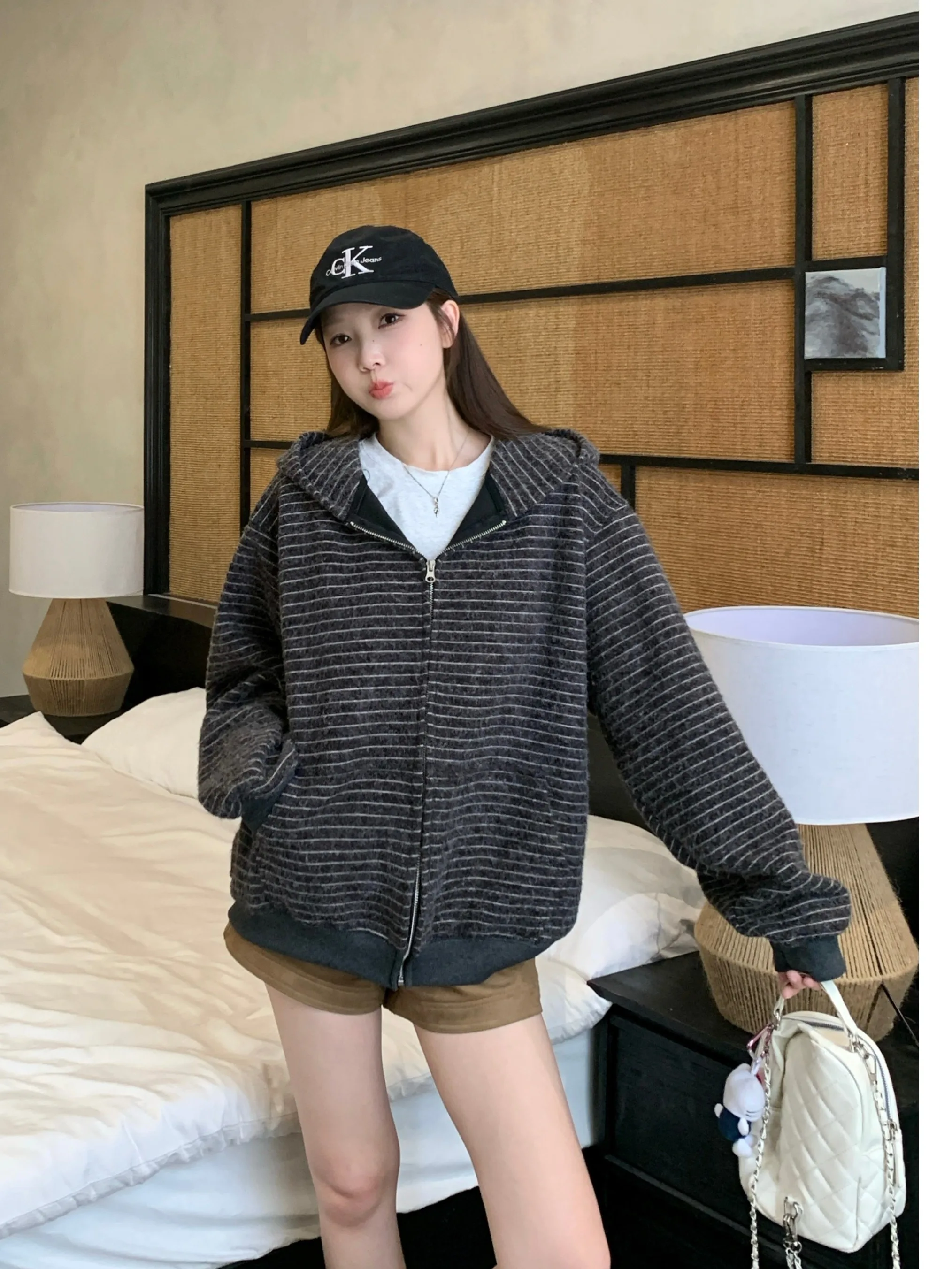 

plus Size Women's Lazy Sle Retro Striped Hoodie Sweater Coat Casual Versatile Knitted Top for Autumn High Waist Long Sve