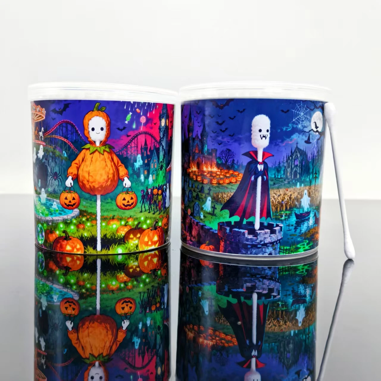 400개/800개 할로윈 호박 뱀파이어 패턴 면봉, 흰색 이중 라운드 헤드 휴일 선물 면봉