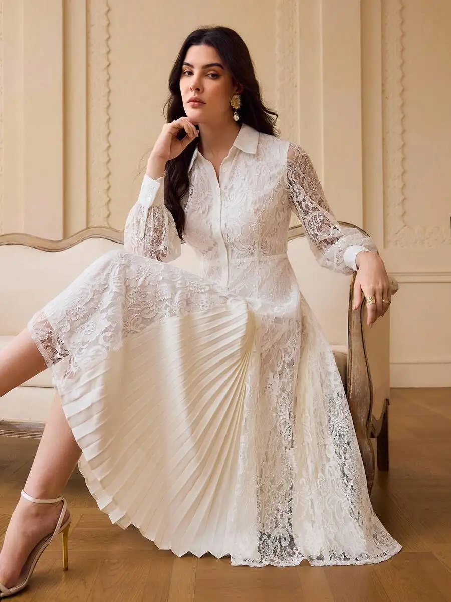 

Lace Patchwork Pleated Long Elegant Dress For Women Autumn Winter
