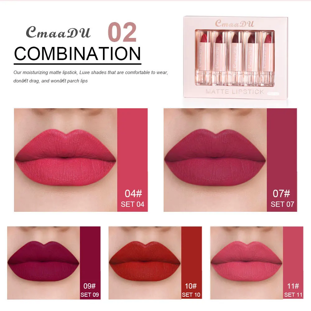 CmaaDu 5 Colors Matte Moisturizing Lipstick Lip Gloss Set Makeup Nude Velvet Lip Stick Sets Easy To Wear Cosmetics Tint Lip Balm