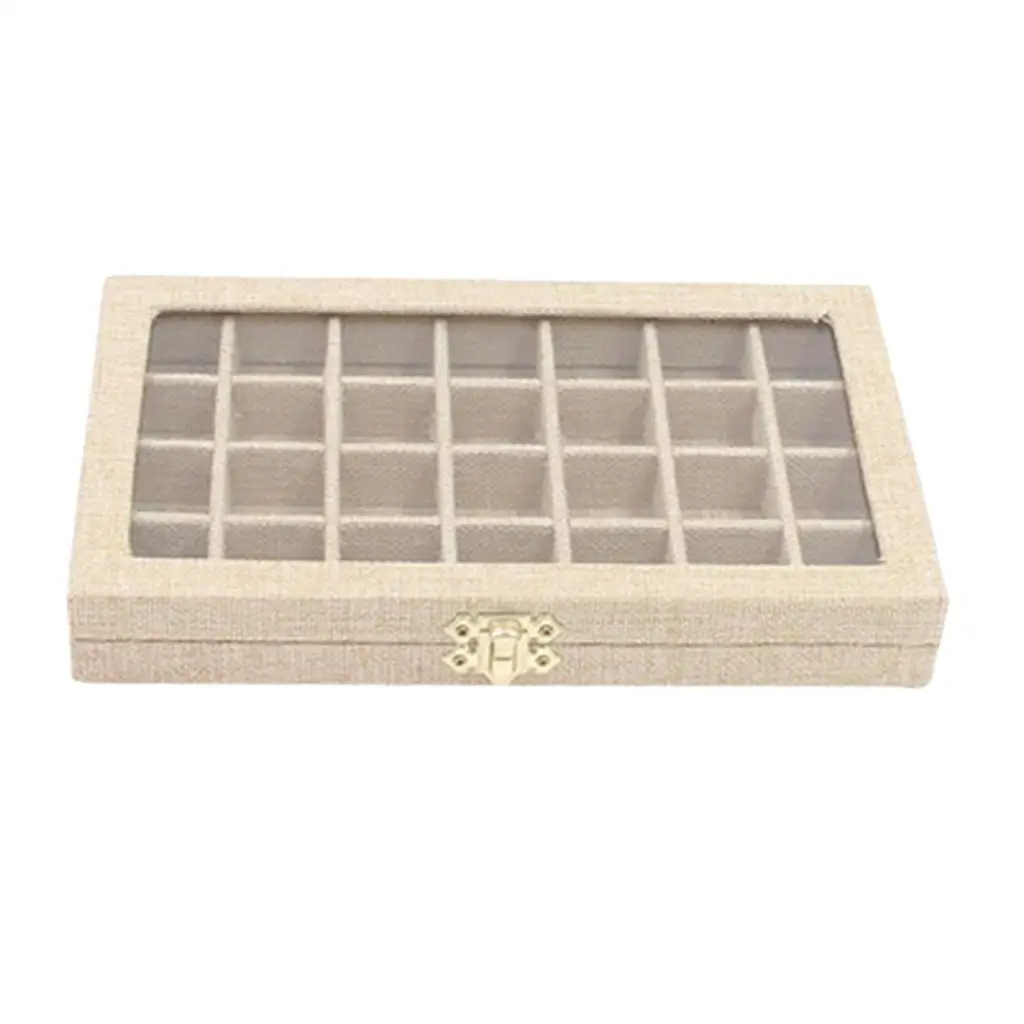 

Sackcloth Linen Clear Lid Jewelry Tray Showcase Display Storage Box 28 Grids Sackcloth Jewelry Box Packaging