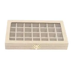 Sackcloth Linen Clear Lid Jewelry Tray Showcase Display Storage Box 28 Grids Sackcloth Jewelry Box Packaging