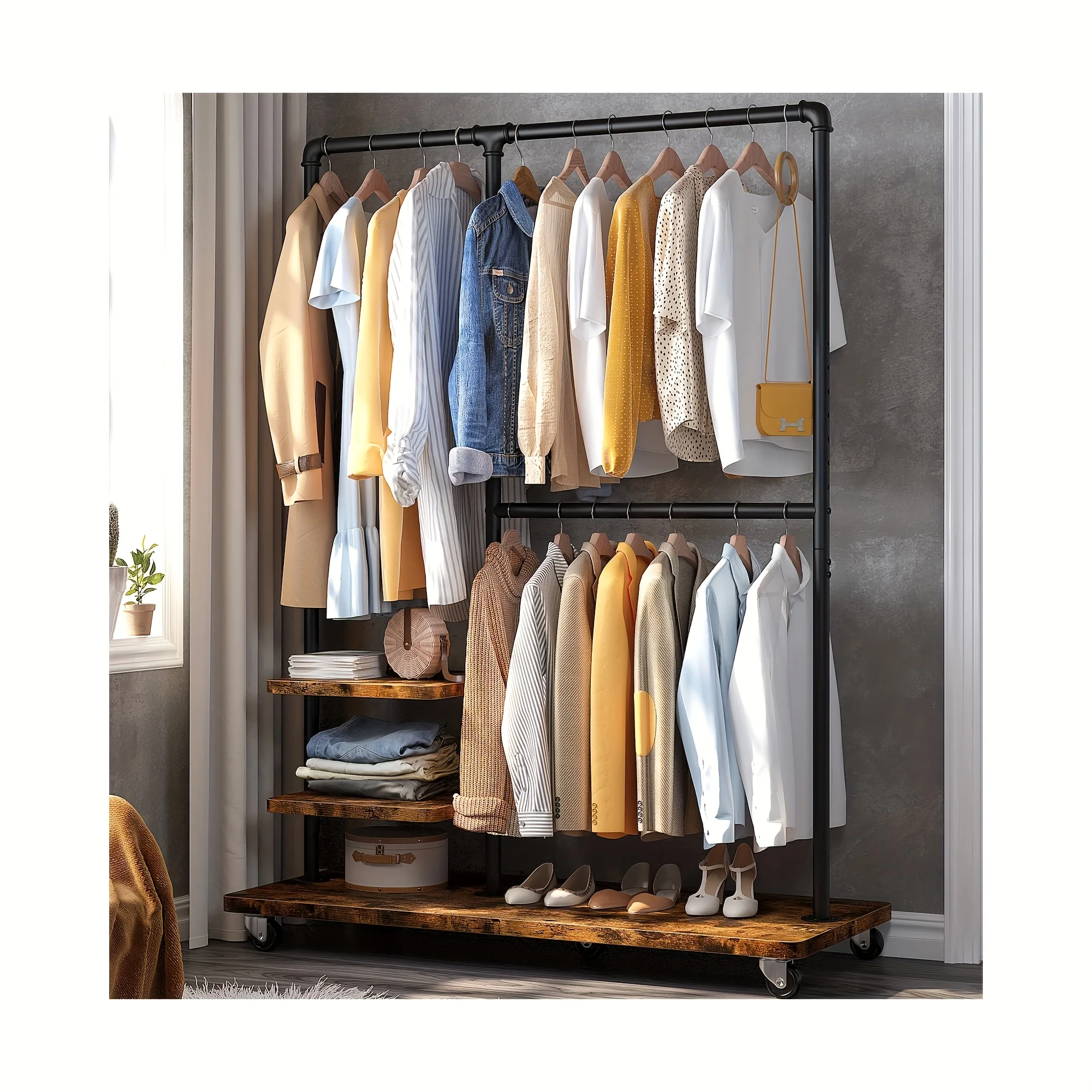 

Sturdy Clothing Stand, 400LBS Mobile Garment Stand with Shelves, Industrial Style Clothing Stand with Storage, Adjustable Portable Clothes Rack for Hanging Garments, Rustic Brown End, Portable Closets