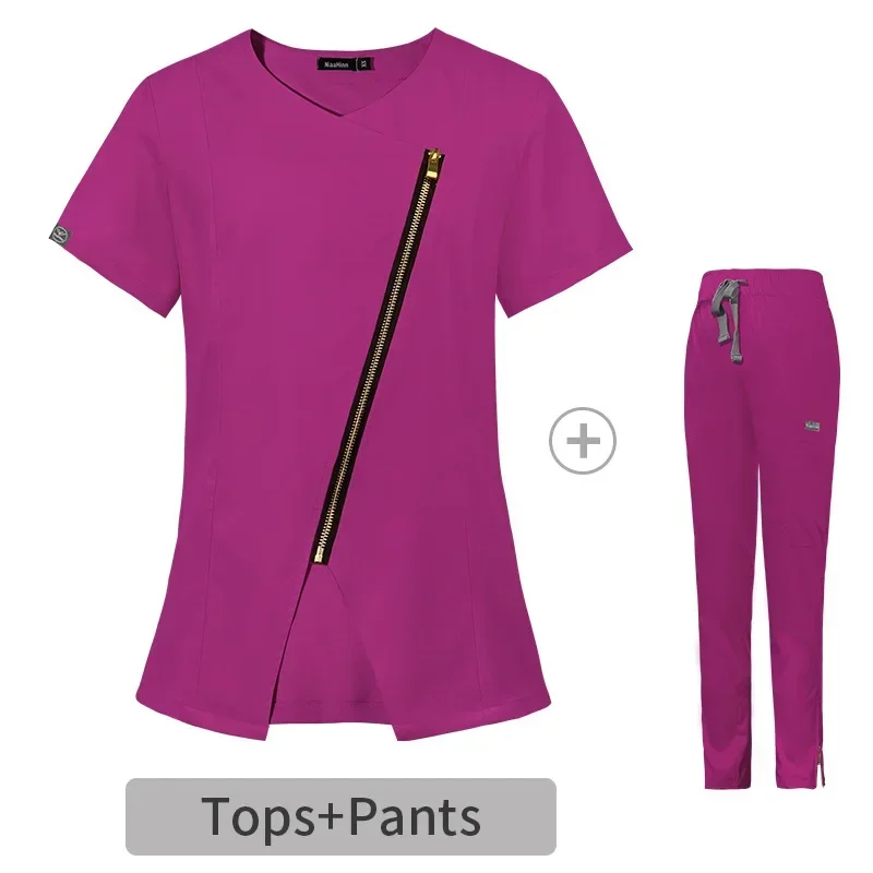 Conjunto exclusivo de esfrega feminino personalizado, Top e calça terno, Zíper de metal, Médicos Enfermagem Uniforme, Dental Pet Clinic Workwear, Macacão