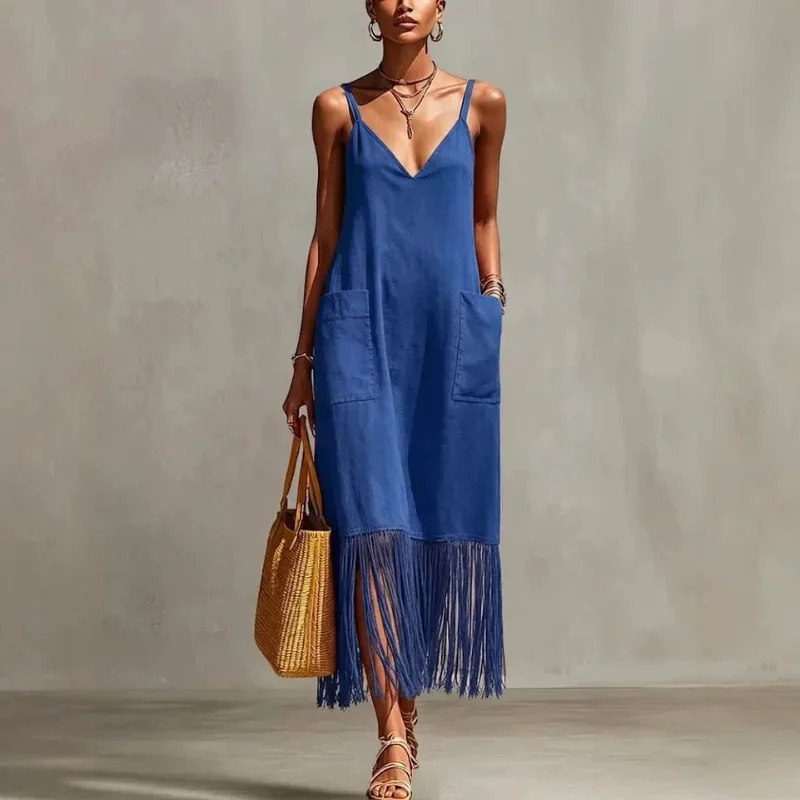 Vestido midi bohemio para mujer con cuello en V, tirantes finos, dobladillo con flecos, bolsillos, informal, largo, para verano