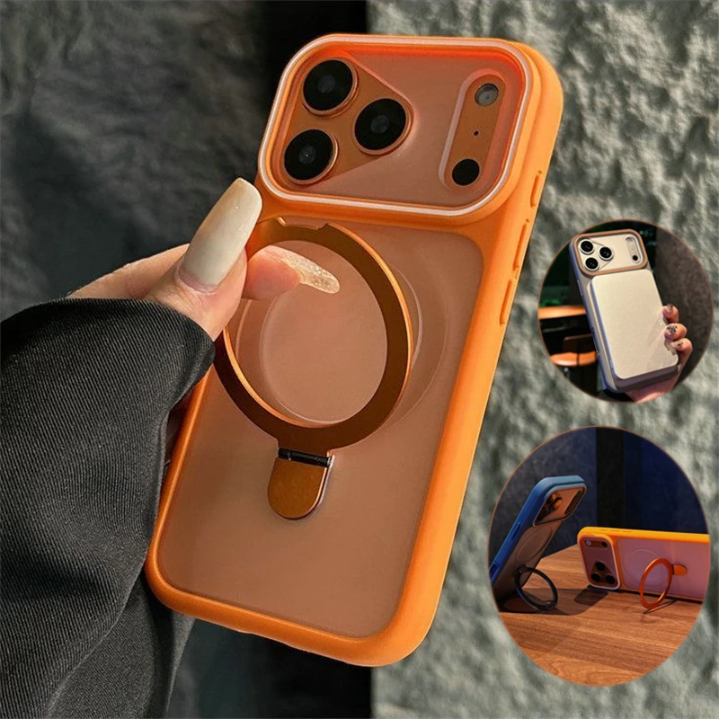 Luxus Matte Klar Metall Halter Ring Magnetische Fall Für iPhone 17 Air 16 15 14 Plus 13 12 Pro max 11 Für Magsafe Stoßfest Abdeckung
