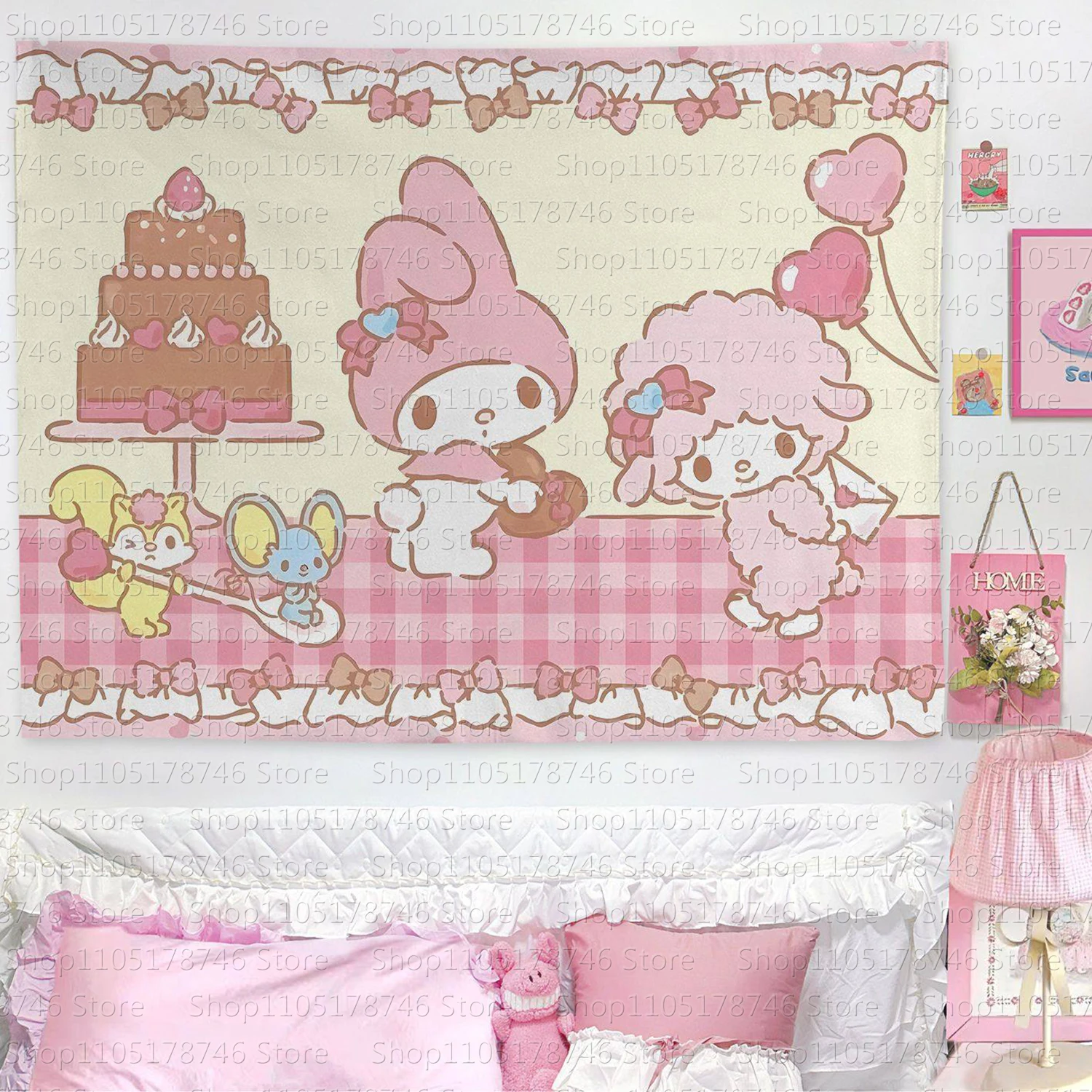 Sanrio Melody and Sweetheart Piano Bedruckter Wandteppich, Cartoon-Thema, Schlafzimmerdekoration, geeignet für die Heimdekoration im Schlafsaal