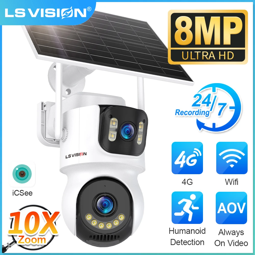 

LS VISION 8MP 24/7 Recording AOV 4G SIM Solar Camera Security Wifi Outdoor 10XZoom 3 Screens PTZ Video Surveillance Camera iCSee