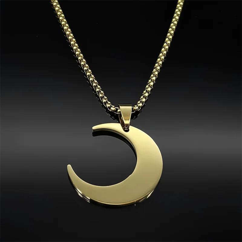 Crescent Moon Islamic Muslim Pendant Necklace for Women Men Stainless Steel Gold Color Arabic Quran Chain Amulet Jewelry Gift - view 2
