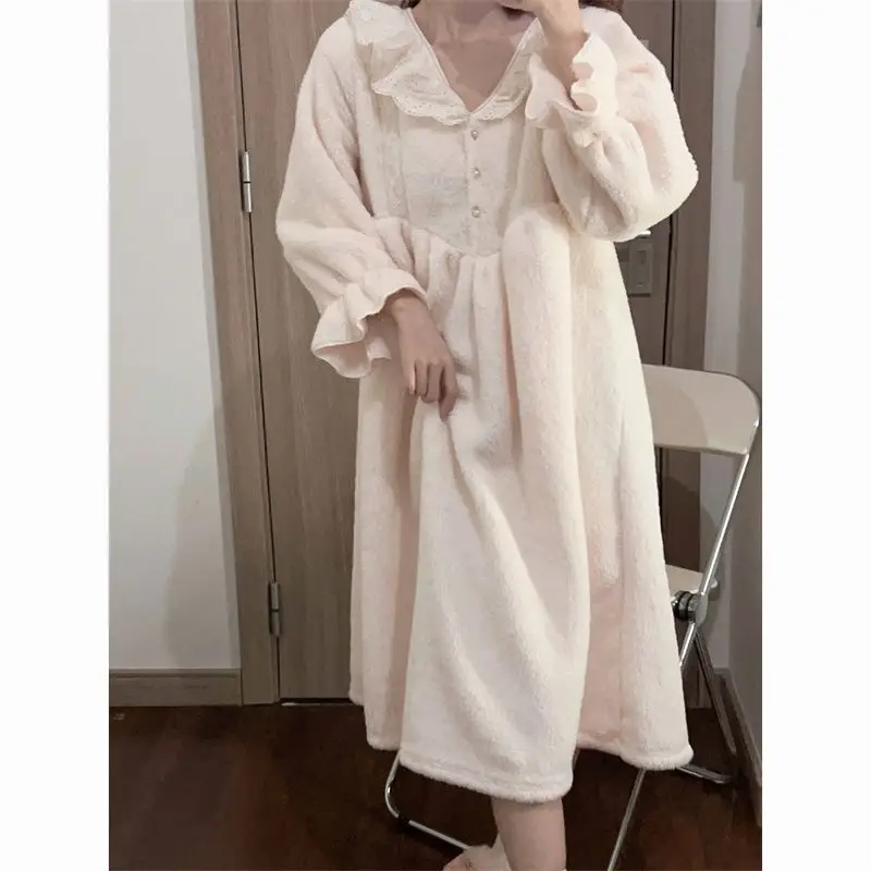 Lace Women Nightgown Korean Fleece Sleepwear Winter Night Dress Knee Length One Piece Pajamas Peter Pan Collar Warm Home Wear