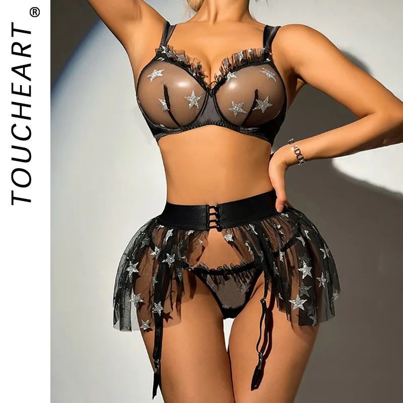 

Toucheart Erotic Lingerie Panty with Ruffle Skirt 3PCS Mesh Printing Star See-through Slim Backless Seductive Intimate Underwear
