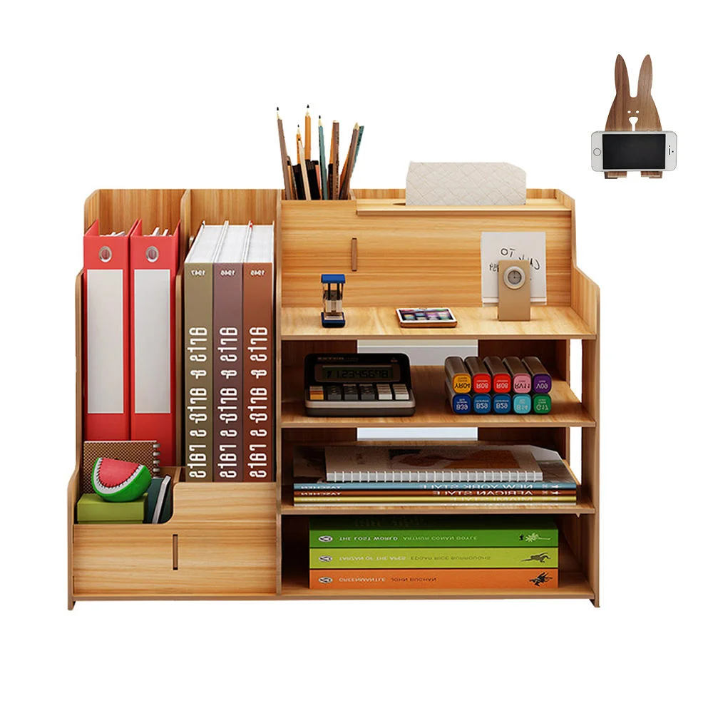 Wooden Office/Living Room Supply Desk Organizer 3 Compartments Four Layers Rectangle Multifunction Letter Tray Phone Stand
