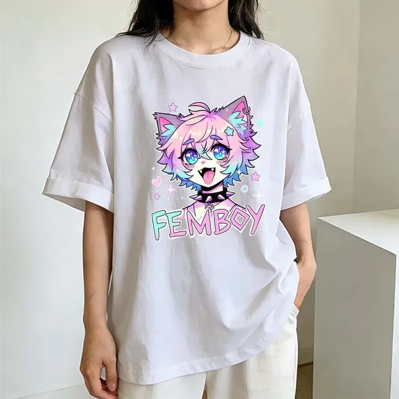 Femboy T-Shirts mit Grafikdruck für Damen, Sommer, lässige Mode, Harajuku, Vintage-Oberteile, lockere Passform, Rundhalsausschnitt, kurzärmelig. – Detail 4