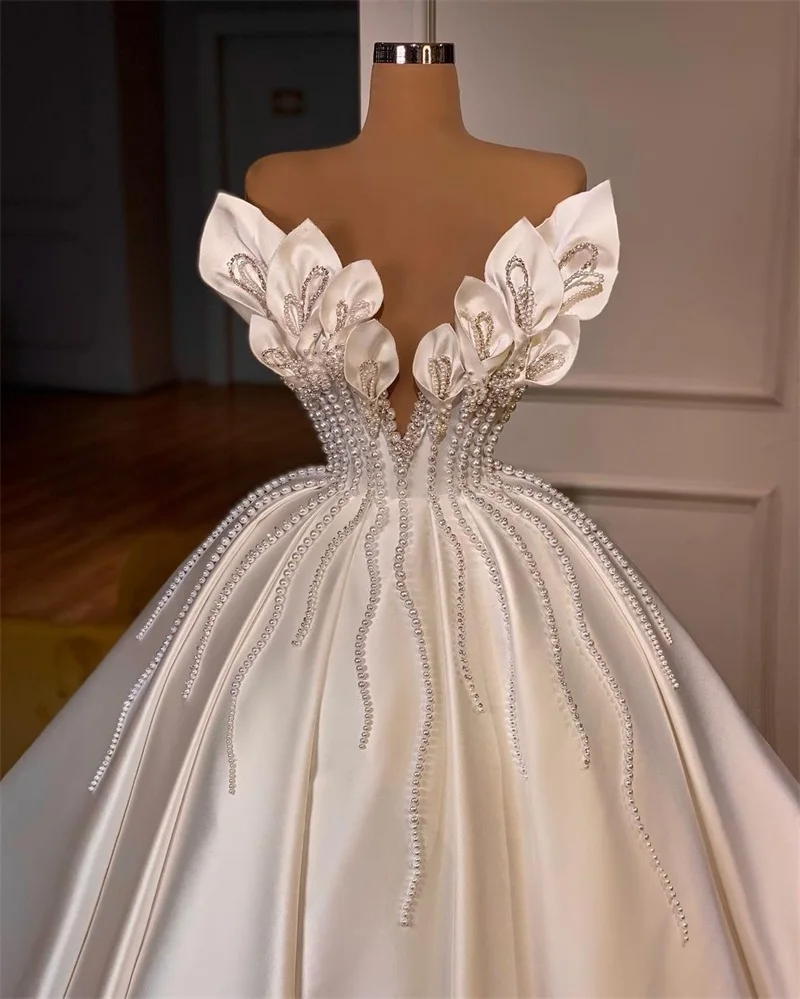 Robe de Mariée de Luxe en Satin avec Perles et Fleurs 3D, Vêtement de Bal sur Mesure avec Lacets dans le Dos