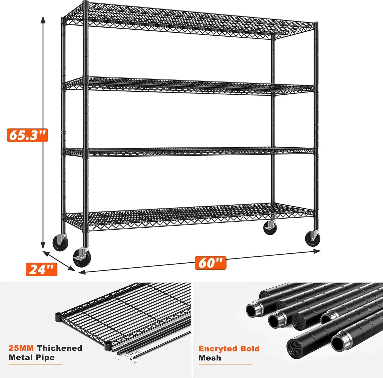 Unidade do shelving do fio com rodas, resistente, ajustável, comercial, garagem, armazém, cozinha, 60 ", 3000LBS