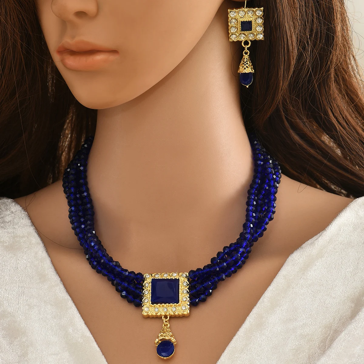 

Moroccan Bridal Jewelry Set, Hollow Multi-Layer Hand-Beaded Vintage Palace Style Necklace Earrings