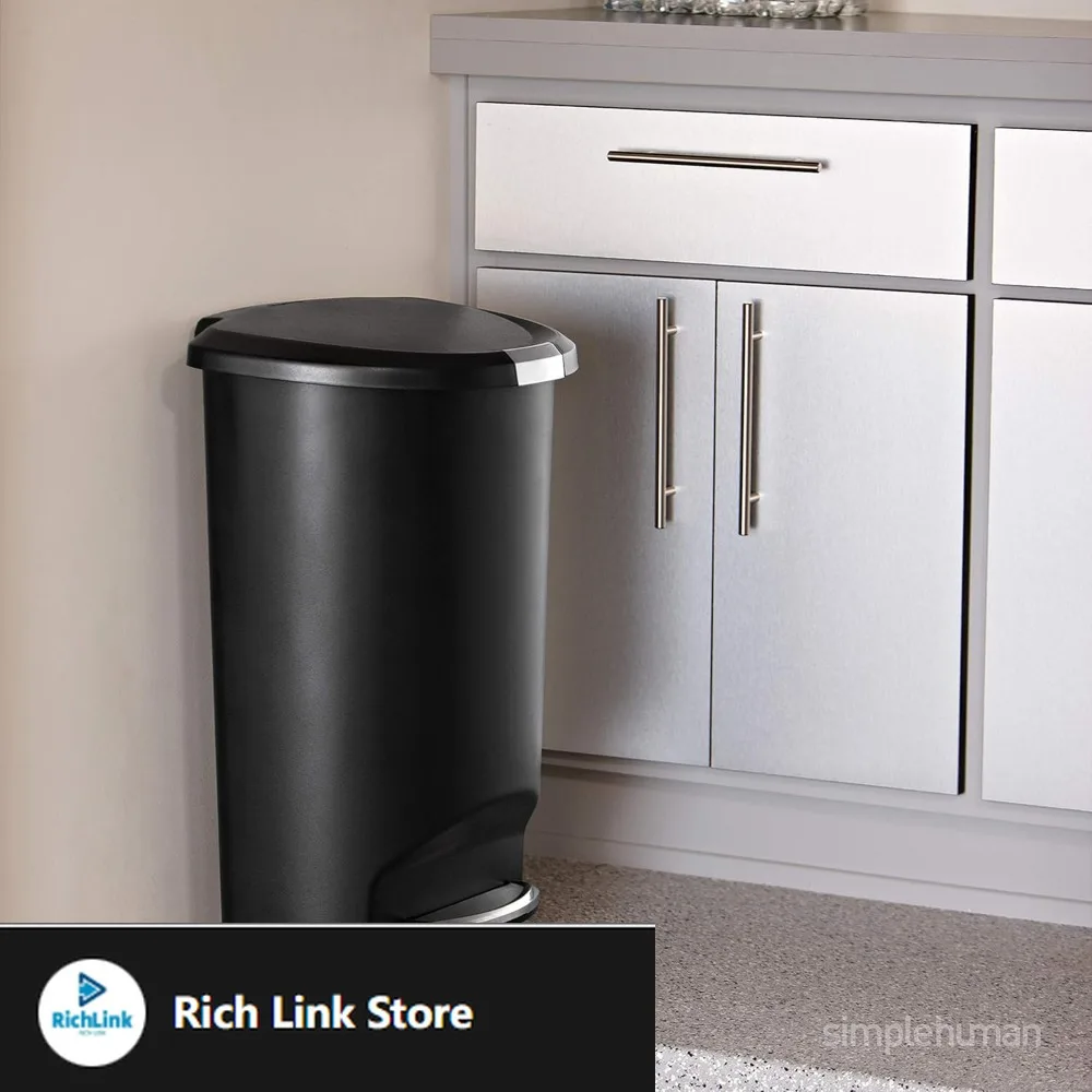 

50 Liter / 13 Gallon Semi-Round Kitchen Step Trash Can with Secure Slide Lock, Grey Plastic