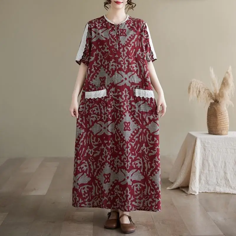 Abiti lunghi larghi midi floreali vintage in lino di cotone taglie forti a maniche corte con tasca Abito estivo ampio da donna coreano giapponese Mori