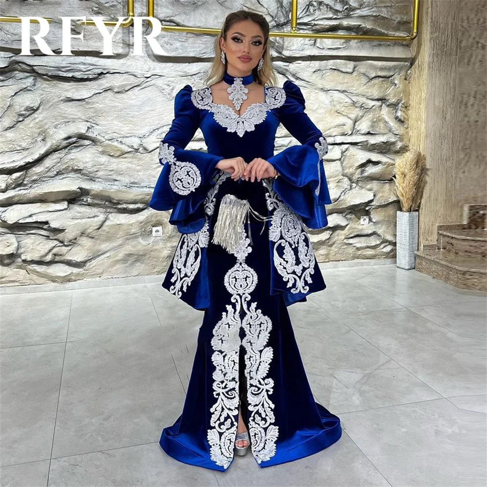 

RFYR Elegant Frill-Layered Women Evening Dress Regular Shoulder With Full Sleeves Pleat Prom Formal Gowns Blue Dress Customized