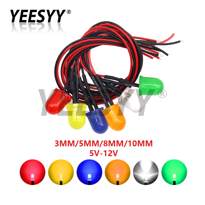 3mm 5mm 8mm 10mm LED 12V 20cm Pre-wired White Red Green Blue Yellow Orange Diode Lamp Decoration Light Emitting Diodes