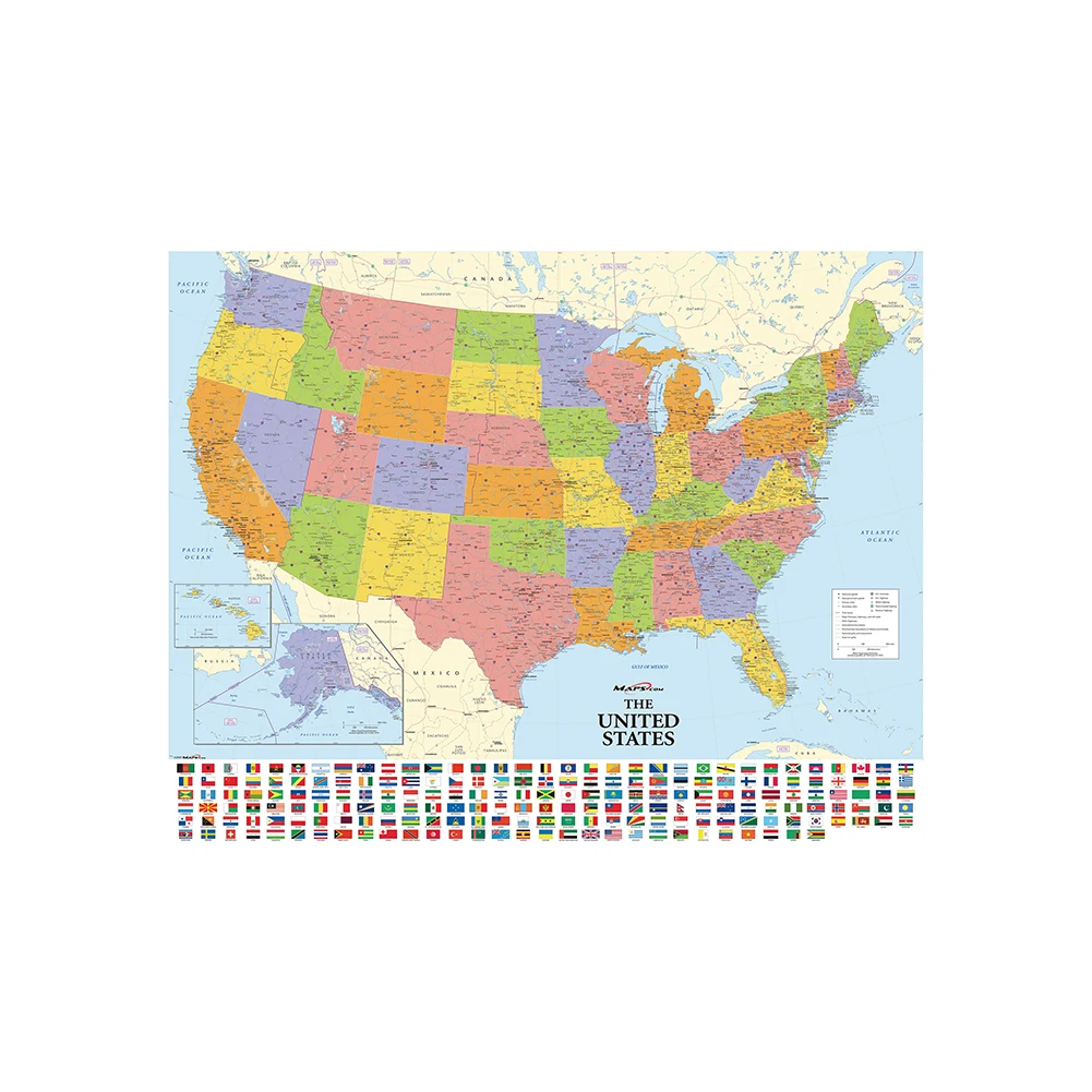 Perlengkapan sekolah lukisan kanvas non-tenun, peta Amerika Serikat detail, gambar gantung 225*150cm