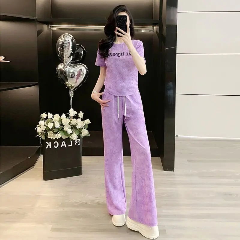 

Летний спортивный костюм для похудения: фиолетовый комплект из двух предметов с коротким рукавом, высокой талией и широкими брюками, тонкий, женский