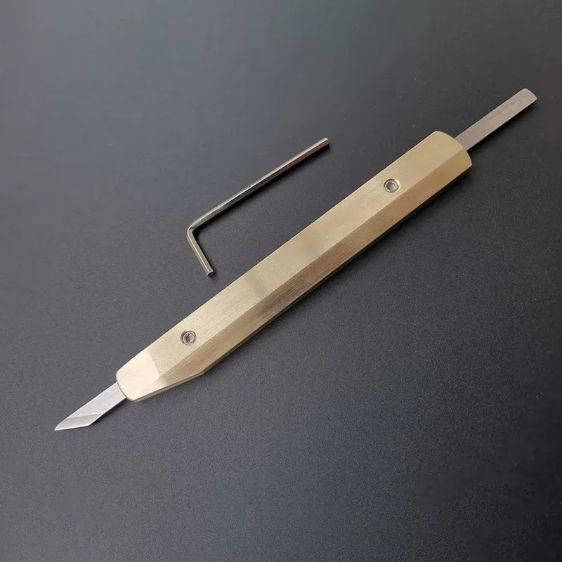 Leather Cutting Knife With Brass Handle M390/D2 Steel Blade DIY Leather Carving Cut Tool And Adjustable Length Of Exposed Blade