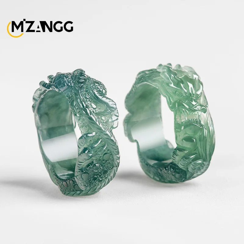 High-grade Natural A-goods Jadeite Blue Water Dragon King Ring Three-dimensional Carving Ice Jade Exquisite Men's Ring Gift