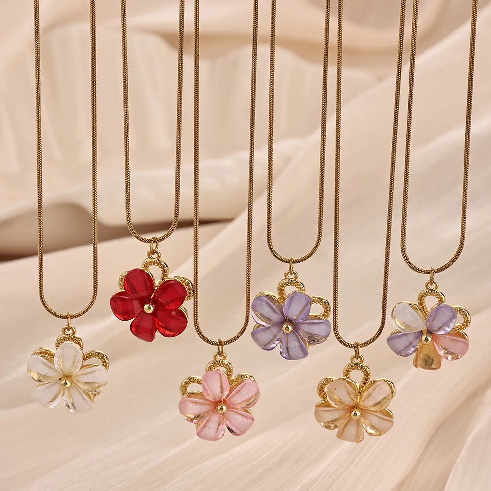 Mehrfarbige Kristall-Drehblumen-Halsketten für Damen, vergoldeter Edelstahl, Blumen-Halskette, trendiger Partyschmuck