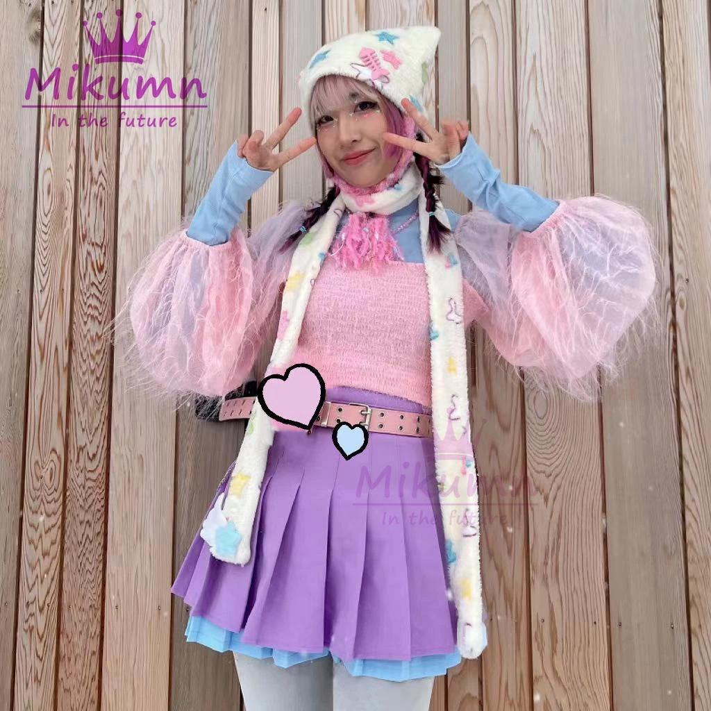 Mikumn Harajuku Y2k Lovely Colorful Star With Braid Cat Ear Plush Hat Women Girls Chic Winter Warm Casual Cap