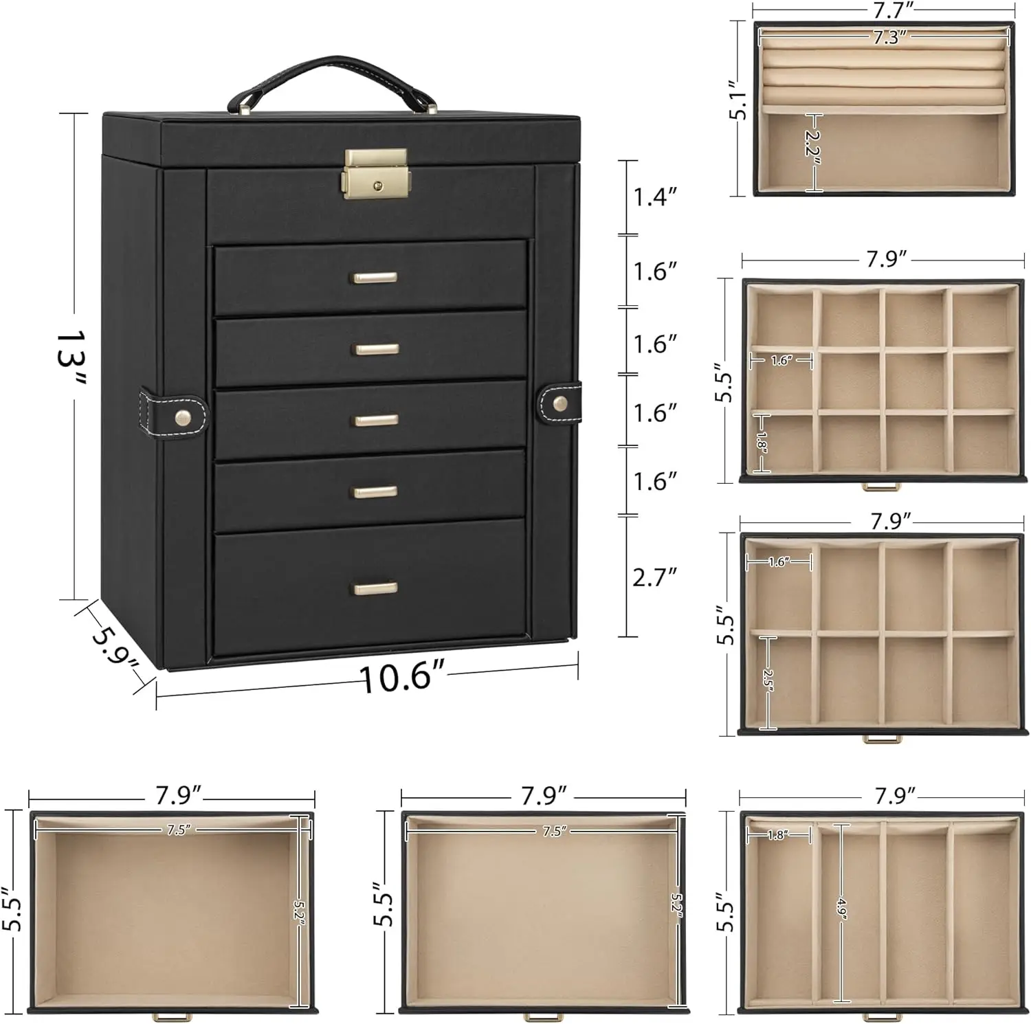 

Большая 6-уровневая шкатулка для драгоценностей, запираемый кожаный футляр для хранения ювелирных изделий с 5 ящиками для женщин и девочек, кольцо, ожерелье, серьги-горячая распродажа