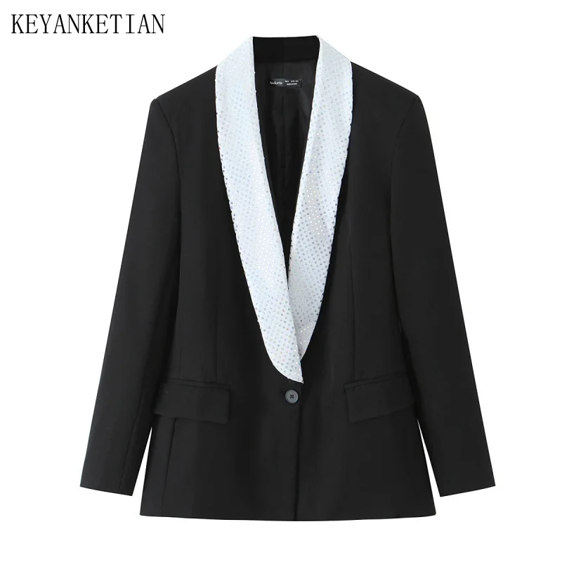 

KEYANKETIAN, осенняя новая женская одежда, лоскутное пальто контрастных цветов, пиджак с длинными рукавами и одной пуговицей, женское пальто