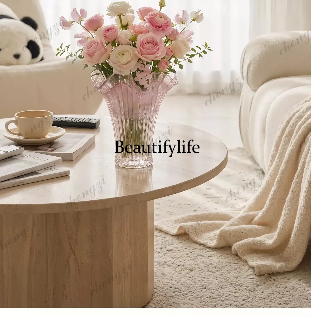 Vase light luxury high-end ornament living room flower arrangement water flower dining table, simple and large diameter