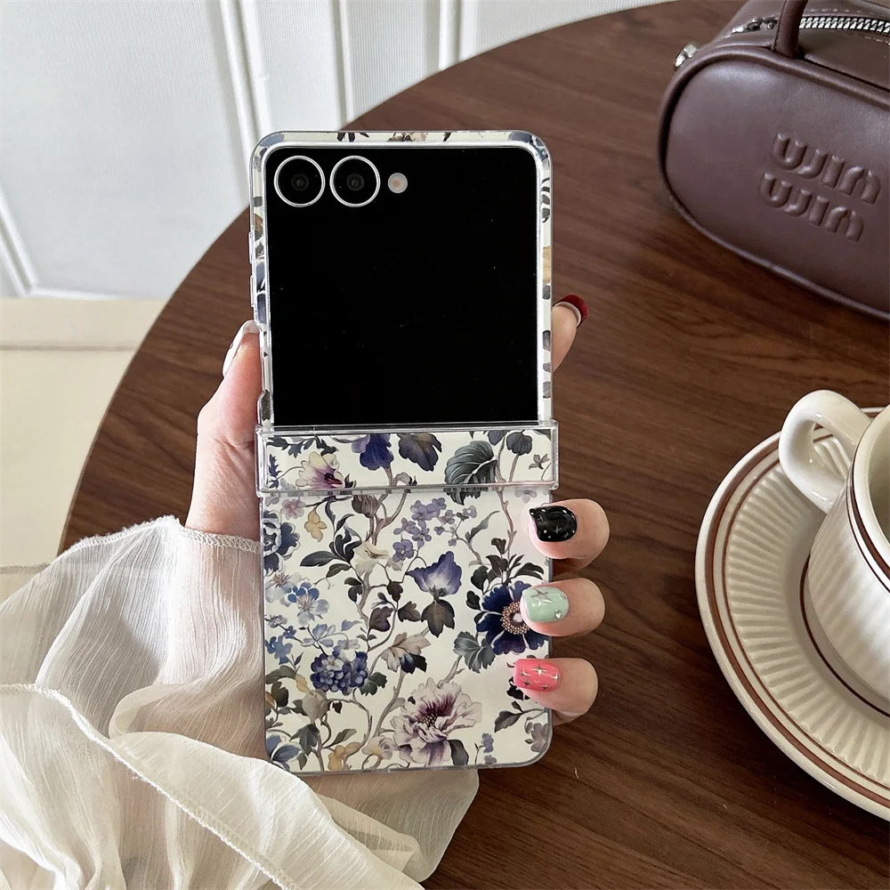Vintage Elegant Romantic Blue Purple Floral Printed Phone Case for Samsung Galaxy Z Flip 7-3 Crystal Bead Strap Protective Cover