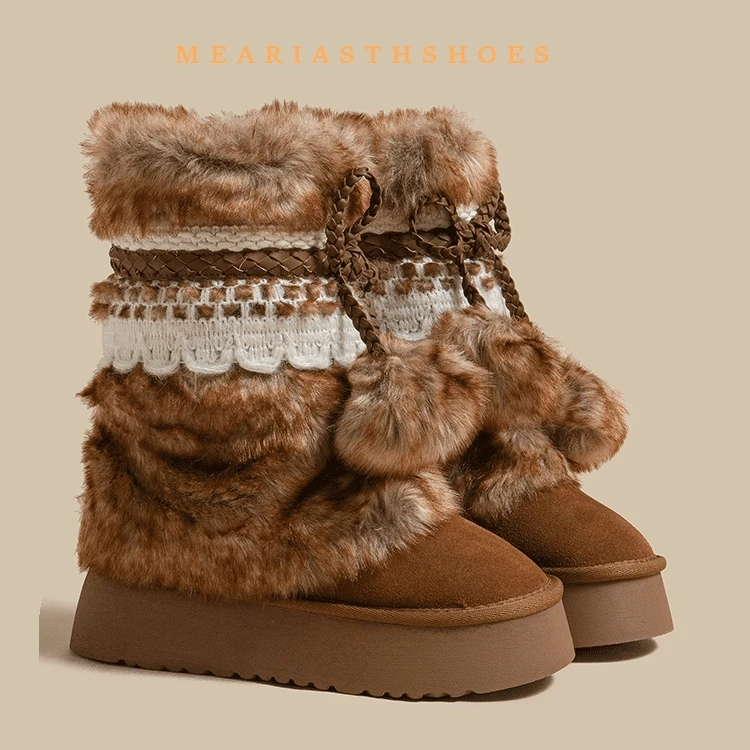 

Faux Fur Women Winter platform Snow Luxury Fluffy Fuzzy Warm Cozy Waterproof Platform Lace-up Mid-Calf Ski Boots 2025 New Hot