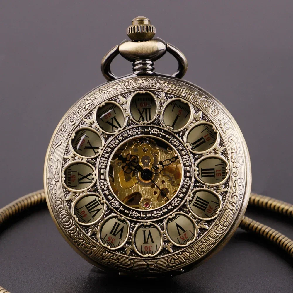 10pcs/lot Wholesale Men's Pocket Watch Vintage Hollow Digital Display Mechanical Pocket Fob Watches with Chain Unisex Gift