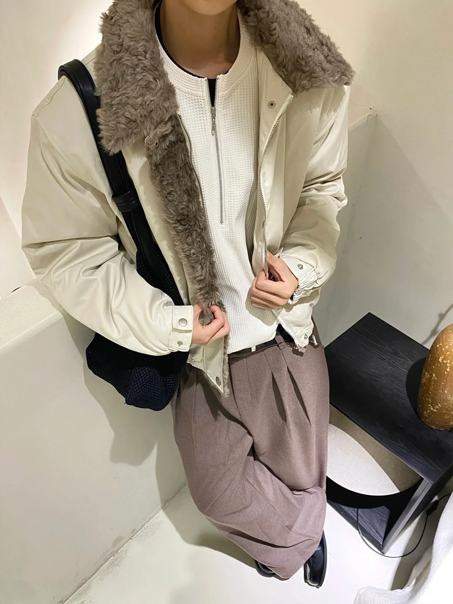 

Fur Collar Geniune Jackets Mens Cashmere Fitted Mountain Hiking Tactical Warm Soft Padded Comfort Life Night Goods Luxury Woole