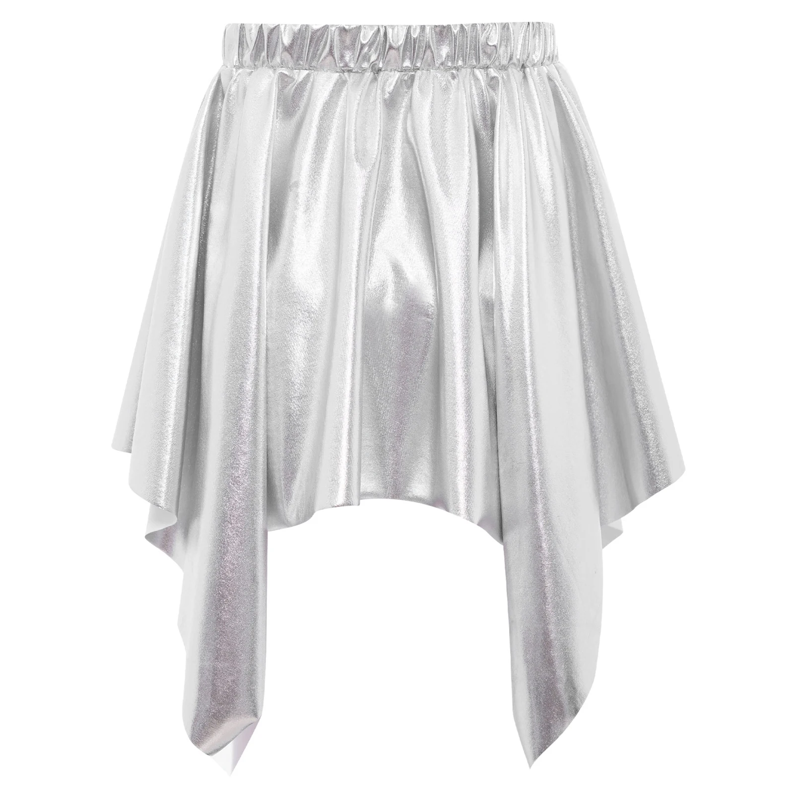 어린이 소녀 메탈릭 불규칙한 러플 스커트 신축성 있는 허리밴드 치어리딩 댄스 무대 공연 파티를 위한 비대칭 스커트
