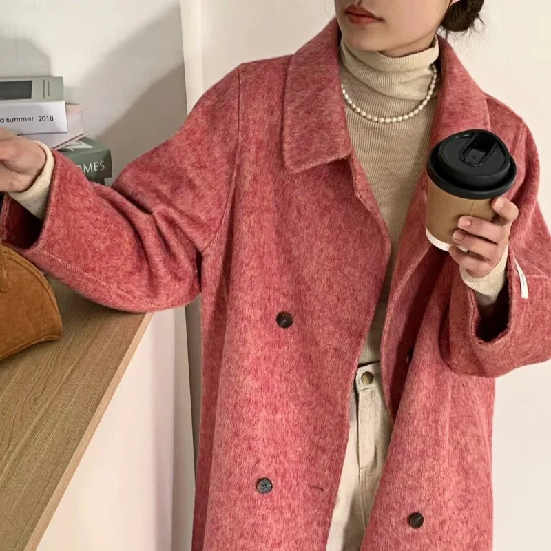 Rabbit hair mulberry silk double-sided wool coat women's long hair square neck double breasted loose long coat