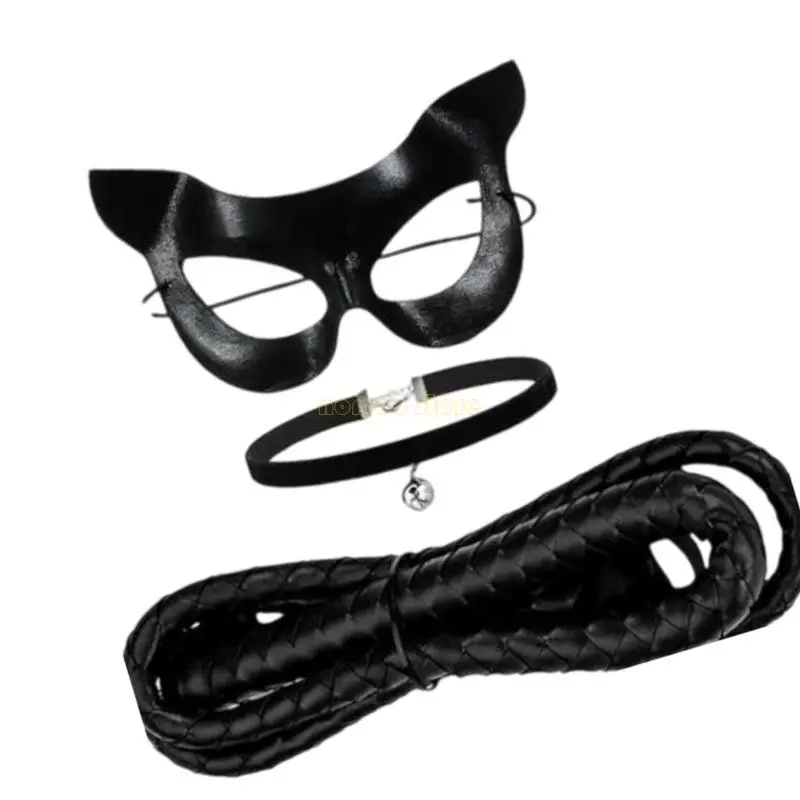 

31BF костюм для черных кошек, маска для лица для кошек, маскарадная маска, колье-колокольчик, кнут для переодевания