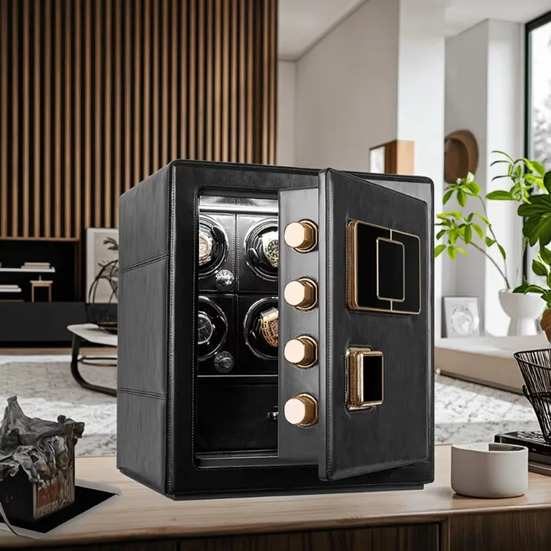 Leather Strongbox Automatic Winder Safe Watch Cabinet with Lock for 12 Watches Jewelry Banknote File Storage