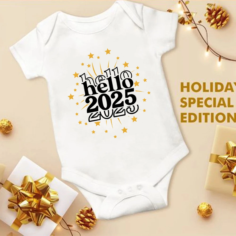 Hello 2025&Firework Print Infant Romper Casual Short Sleeve Baby Jumpsuit Babys New Year Day Newborn Clothing Birth Gifts