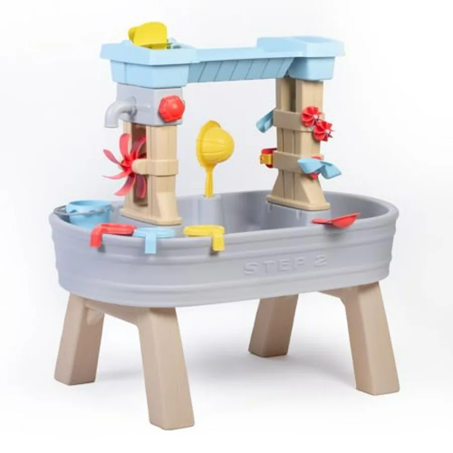 Outdoor toddler activity table for rain showers flow play, plastic construction, multicolor gray, blue, red,includes 15-piece a