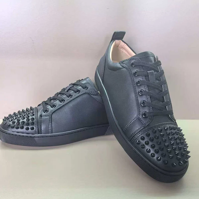big size mens casual punk hip hop spikes shoes lace-up natural leather rivets shoe flat platform studded sneakers trend footwear