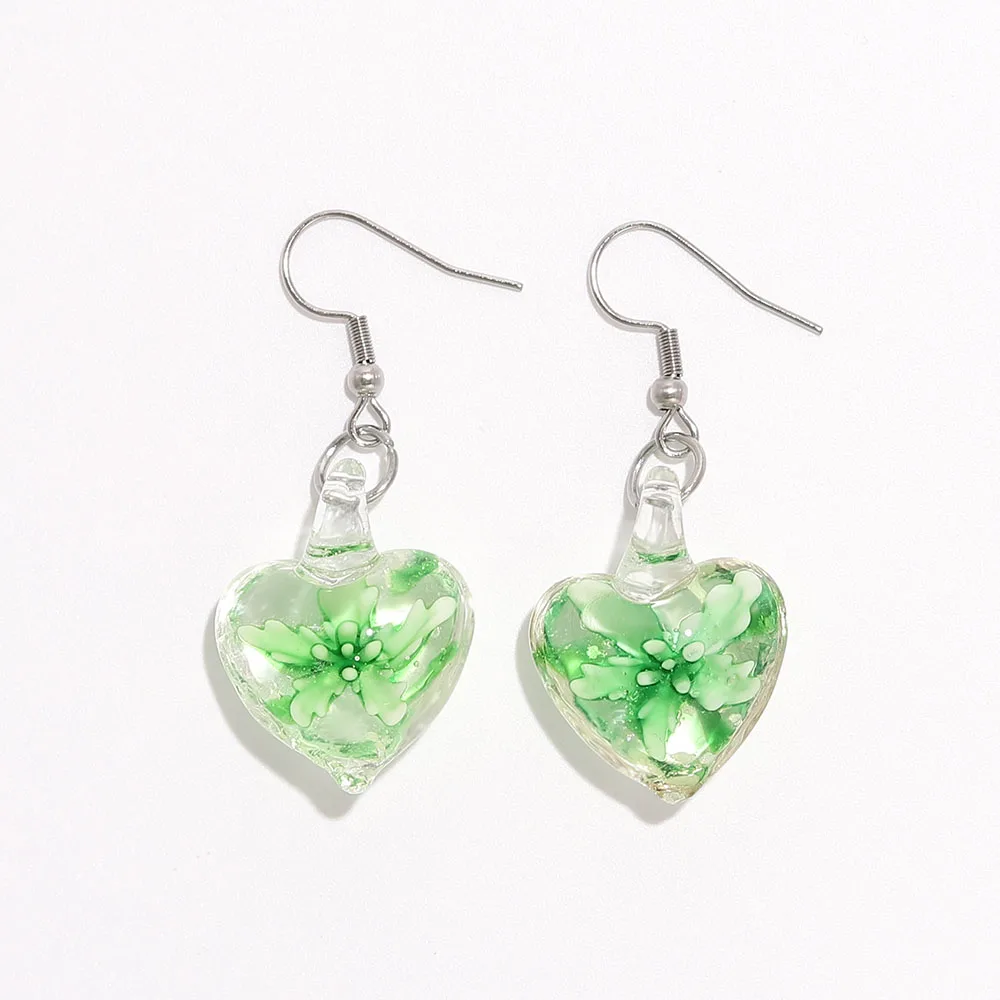 Qianbei Womens 2025 Handmade Noctilucent Heart Murano Lampwork Glass Mix Color Women Flower Glass Earrings Summer Vocation gift
