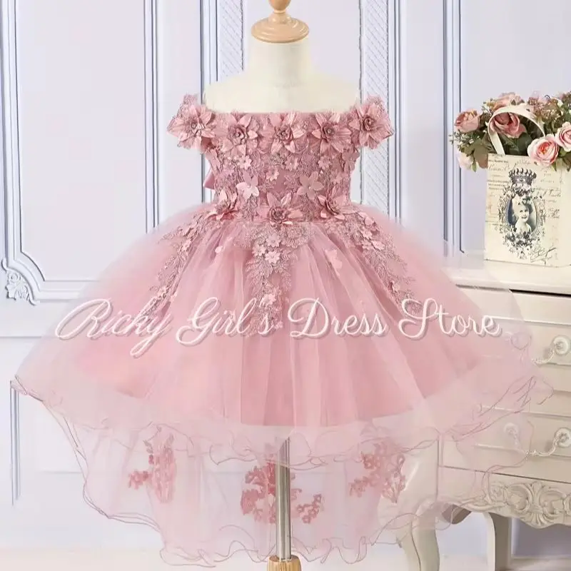 Girls' Elegant Flower Girl Dress Embroidered Beading Tulle Wedding Gown Formal Party Off Shoulder Pink Birthday Dress With Bow
